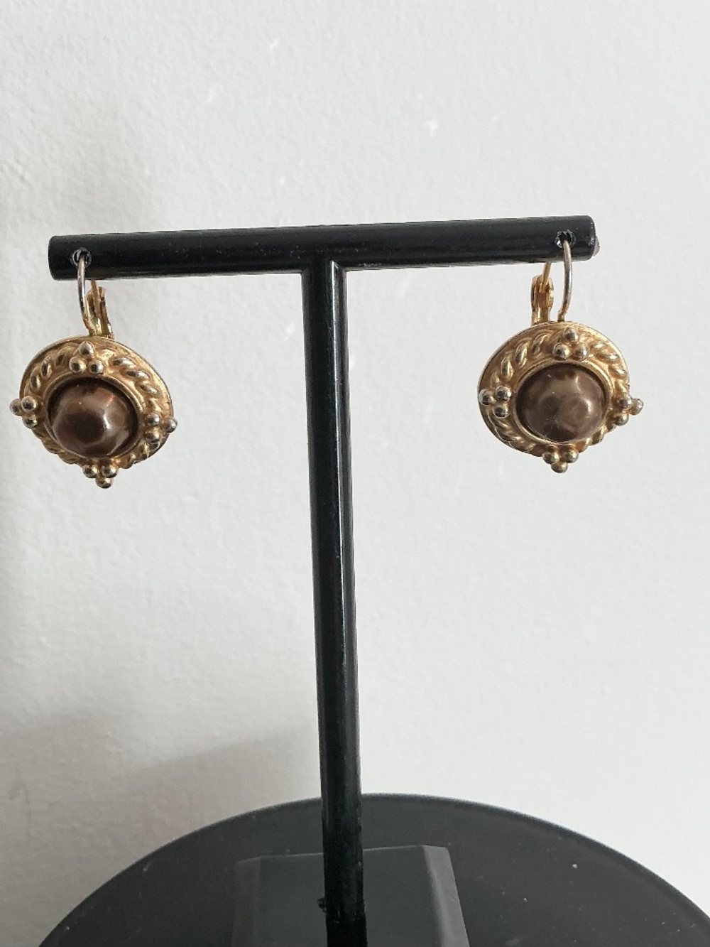 Vintage CAROLEE Signed Bronze Faux Pearl Gold Leverback Earrings Pierced